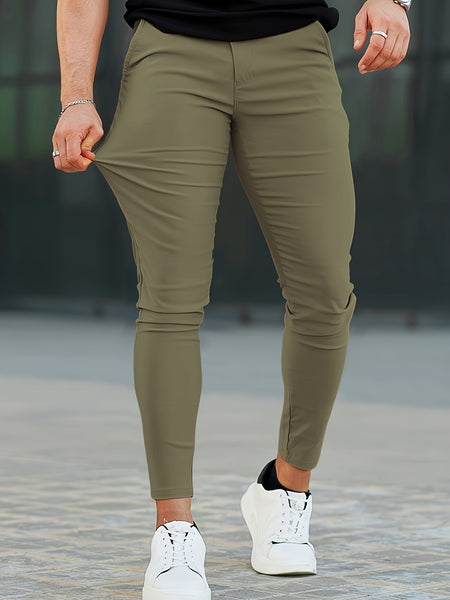 Heyfanee Men's Slim-Fit Elastic Waist Trousers - Khaki Low-Rise Casual Pants with Button Closure & Pockets, All-Season Machine Washable for Daily Wear, Durable Fabric