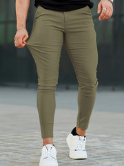 Heyfanee Men's Slim-Fit Elastic Waist Trousers - Khaki Low-Rise Casual Pants with Button Closure & Pockets, All-Season Machine Washable for Daily Wear, Durable Fabric