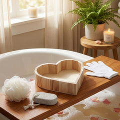 Boxed Heart-Shaped Bath Set - A wooden spa gift kit for bathrooms, featuring a heart-shaped wooden bucket. Includes a loofah, pumice stone, massager, and brush. This natural relaxation and body care kit is ideal for home use and bathroom decoration.