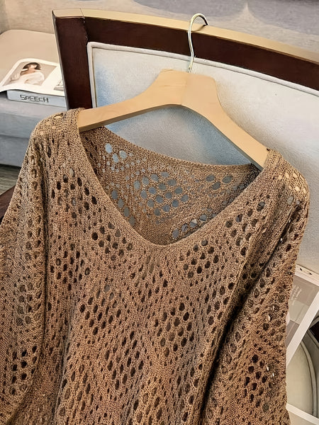 Plus Size - Plus Size - Plus Size Women'S Cashew Flower Loose Temperament Hollow Round Neck Pullover Long Sleeve Sweater