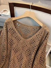Plus Size - Plus Size - Plus Size Women'S Cashew Flower Loose Temperament Hollow Round Neck Pullover Long Sleeve Sweater