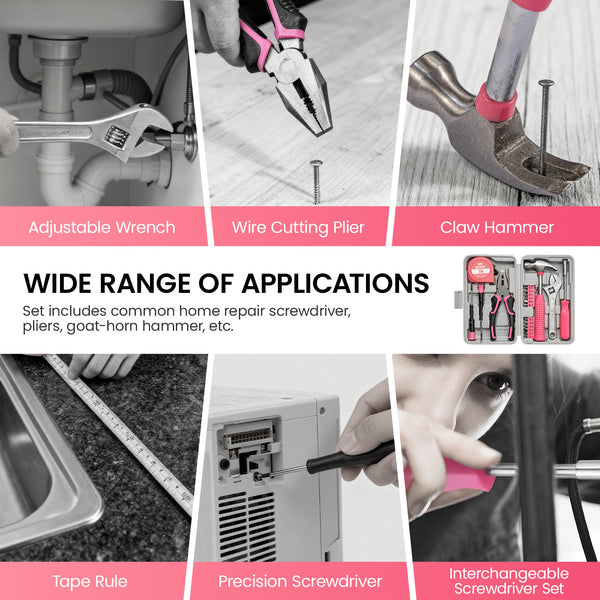 Pink Home Repair Tool Kit - Portable Hand Tool Set with Hammer, Vise, Wrenches, Screwdrivers & More - Ideal for DIY Projects & Emergency Car Maintenance - Perfect Christmas Gift for Women, DIY Tool Kit | Stylish Pink Tools | Organized Tool Storage