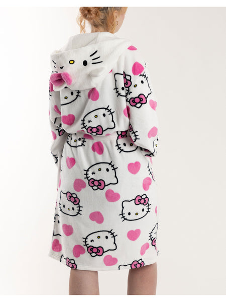 Hello Kitty Womens White Hooded Bathrobe | Cosy Fleece Loungewear with Pink Accents & Long Sleeves | Cartoon Character Design | Perfect for Relaxing Days | Hello Kitty Merch - Medium
