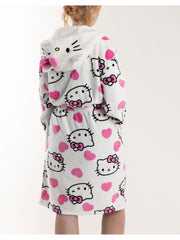 Hello Kitty Womens White Hooded Bathrobe | Cosy Fleece Loungewear with Pink Accents & Long Sleeves | Cartoon Character Design | Perfect for Relaxing Days | Hello Kitty Merch - Medium