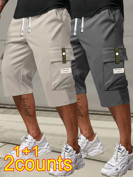 2pcs Men's Cargo Capri Pants with Drawstring Waist, Large Pockets, and Letter Patches for Summer, Fashion Casual Athletic Trousers