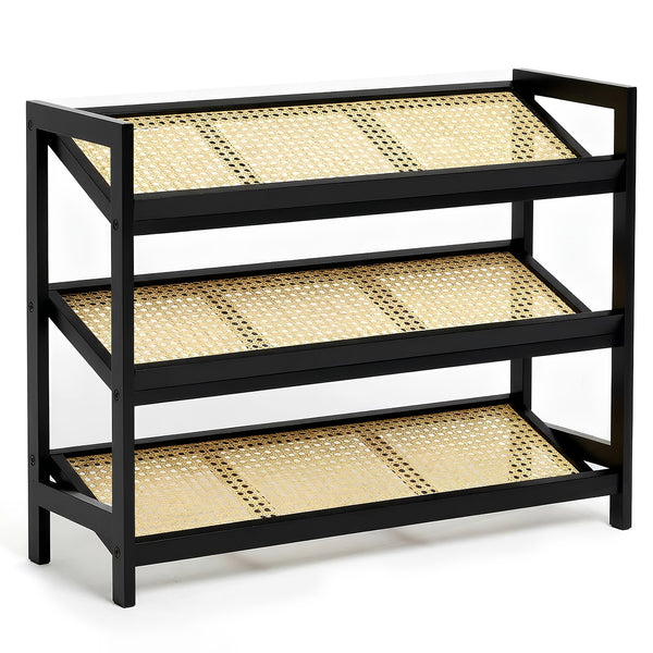 KEPLIN 2/3/4-Tier Bamboo and Rattan Shoe Rack Organizer – Durable, Easy Assembly – Compact Design for Entryway, Closet, or Hallway – Stylish and Functional Storage – Black and Natural