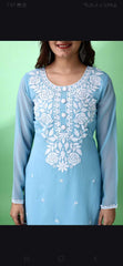 Estationeryhouse Women's Georgette Lucknowi chikankari kurti, Rose Design with Heavy Embroidery, Without Bottom