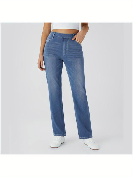 [Stretch High Waist Jeans] Stretch High Waist Multi-Pocket Straight Leg Jeans | Water-Washed Casual Pants, Machine Washable Solid Color Elegant Comfort for Spring/Summer