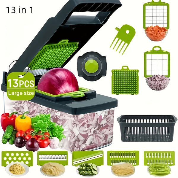 16-In-1 Enhanced Vegetable Chopper, Multi-Functional Vegetable Cutter, Versatile Fruit Slicer, Manual Food Grater with Container, Interchangeable Multi-Blade Onion Chopper, Home Potato Slicing Tool