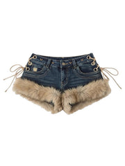 2026 New Y2K Millennial Spicy Jeans, American High Street Fuzzy Patchwork, Low Waist Hot Pants, Trendy for Autumn Winter Wear