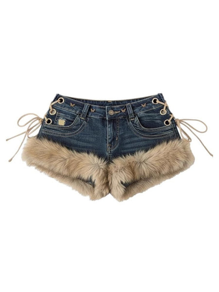 2026 New Y2K Millennial Spicy Jeans, American High Street Fuzzy Patchwork, Low Waist Hot Pants, Trendy for Autumn Winter Wear