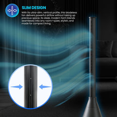 Schallen Modern Sleek Oscillating Bladeless Fan with 8 Hour Timer, 9 Air Speed Settings, Digital Display and Remote Control | Black & Grey | Free Standing Floor Fan