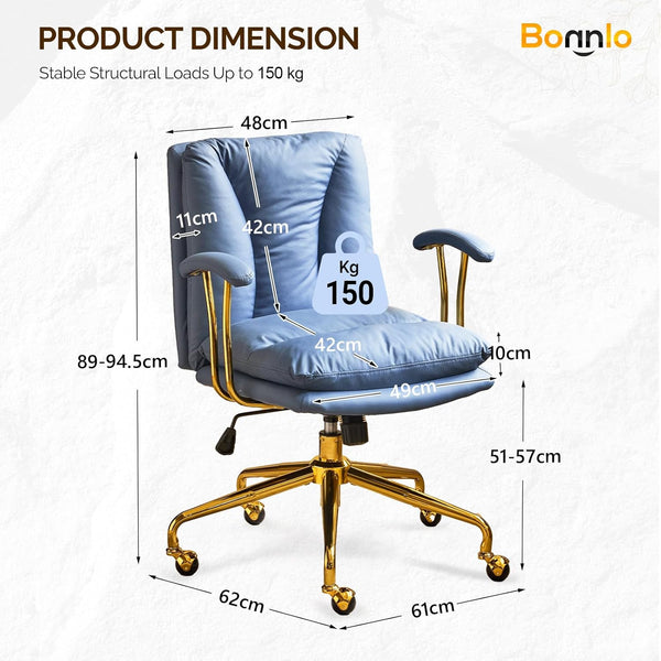 Office Chair Desk Chair with Wheels & Removable Armrests Gold Base Vanity Chair with Back Adjustable Rolling Swivel Computer Task Chair PU Leather