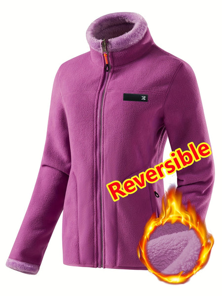 Women's Spring Casual Jacket, Thickened Shaggy Warm Printed Reversible Coral Sweatshirt, Double-Sided Outerwear