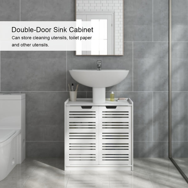 Under Sink Bathroom Cabinet, White Basin Cabinet, Bathroom Under Sink Bathroom Storage Units Freestanding, Wood Plastic Board Bathroom Storage Unit, 59.94X29.97X58.42cm