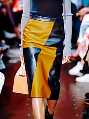CHIDU Women'S Skirt for Autumn And Winter, High-Waisted PU Mid-Length Skirt with Color Block Design, Elegant Dress with Zipper, Fashionable Irregular Style, Perfect for Family Events And Stylish Commuting