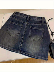 Y2K Vintage High Waist Denim Skirt - Dark Blue Pleated Flared Hem, Machine Washable Summer Casual Outfit, Retro Style Daily Wear for Women