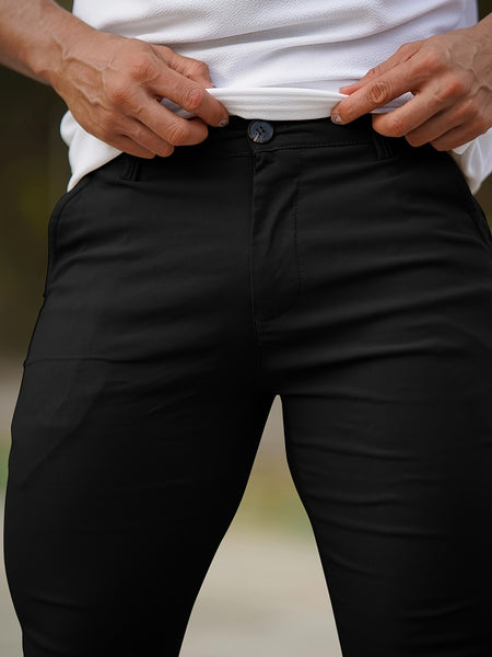 Heyfanee Men's Slim-Fit Elastic Waist Trousers - Khaki Low-Rise Casual Pants with Button Closure & Pockets, All-Season Machine Washable for Daily Wear, Durable Fabric