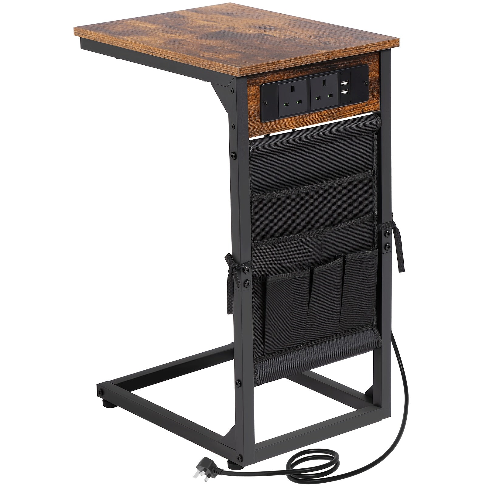 AMHANCIBLE 1pc/2pcs C-Shape Side Table Featuring a Charging Station, Bedside Table with a Storage Pouch, And a Coffee Table with a Metal Frame Suitable for Living Rooms, Bedrooms, And Offices