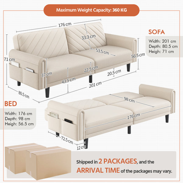 Costoffs Contemporary Sofa Bed Convertible Sofa Futon Couch Fabric 3-Seater Sofa Bed for Small Space/Apartments/Guest Rooms/Studios, Beige/Light Grey