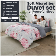 Flower Pattern Duvet Cover | Microfiber Soft Lightweight Bedding Set with Pillowcases | Breathable Quilt Cover for Single, Double King Beds, Wrinkle & Fade Resistant | Machine Wash | Local Warehouse | UK Brand