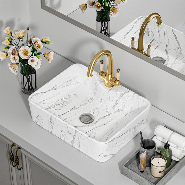 Rectangle Vessel Sink with Faucet Hole, Marble Effect Ceramic Countertop Bathroom Washbasin, Cloakroom Vanity Surface Mounted Ceramic Sink Vessel Washbasin with Pop Up Waste Drainer, Large Basin Sink for Lavatory, Bathroom, Vanity Unit, White Gloss, 480x3