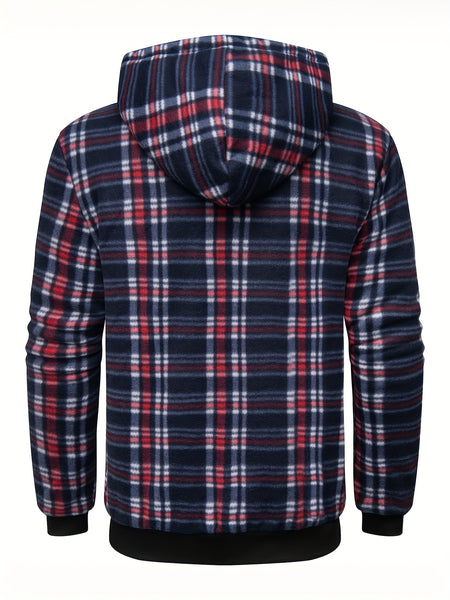 Men's Heavyweight -Lined Hooded Jacket - Full-Zip Plaid Thickened Shirt with Pockets and Adjustable Drawstring, Comfortable and Warm for Autumn and Winter