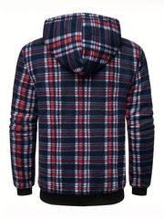 Men's Heavyweight -Lined Hooded Jacket - Full-Zip Plaid Thickened Shirt with Pockets and Adjustable Drawstring, Comfortable and Warm for Autumn and Winter
