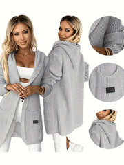 New Women's Autumn/Winter Solid Color Long Sleeve Mid-Length Hooded Pocket Simple Casual Fashion Versatile Daily Wear Sweater Cardigan Jacket