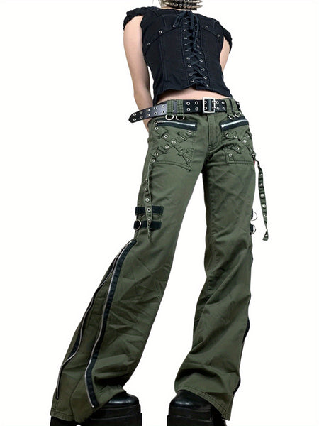 Women Gothic Cargo Pants Loose Low Waist Trousers Wide Leg Baggy Jeans Harajuku Streetwear Punk