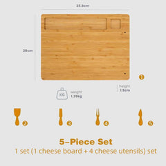 1 set (1 cheese board + 4 cheese utensils) set, cheese tray wooden cutting board cheese cutting board bamboo wooden tray kitchen supplies kitchenware Christmas kitchen accessories.