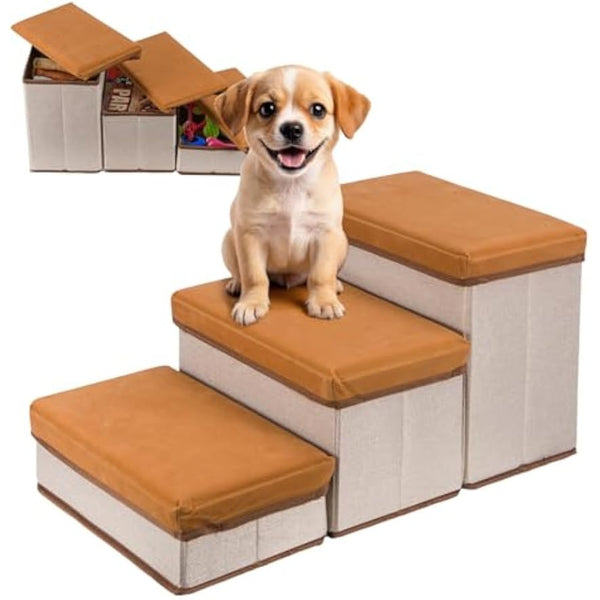 Foldable Dog Stairs, 3 Tier Pet Steps with Storage, Adjustable Dog Ramp for Bed and Sofa, Soft Flannel Pet Stairs for Small & Medium Dogs and Cats