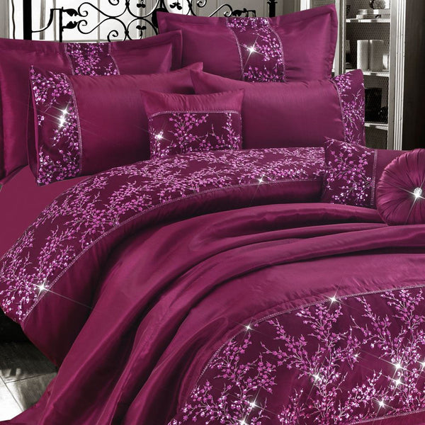 Gigi Embroidered Duvet Cover Set – Elegant Embroidery Bedding with Pillowcases, Luxury Bedroom Decor, Plum