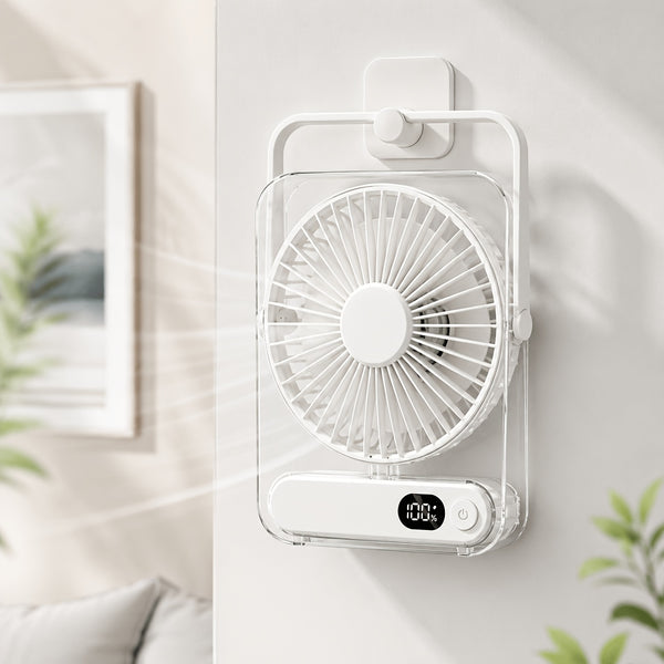 Rechargeable USB Desktop Fan (5000Mah Battery Included): Ultra-Quiet Operation with a Foldable Design And Digital Battery Level Display. Constructed from Durable Acrylic Material. A Device Perfect for Home Use
