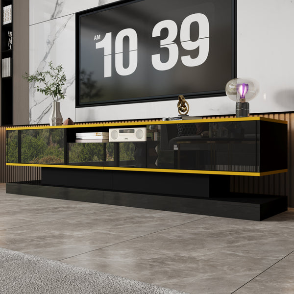 180cm LED TV Stand with 3 Drawers & Open Shelf, High Gloss Modern TV Cabinet with RGB Lights & Gold Trim, PB Board Entertainment Center for Living Room, Gaming & Home Theater - Holds up to 65 Inch TV, Smooth Glide Drawers, Scratch-Resistant, Easy Assembly