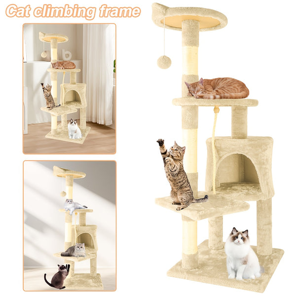 A Luxurious Beige Cat Tree, Super Large And Four Stories High, Featuring a Scratching Post, a Hanging Ball, And a Snug Little House. an Ideal Present for Indoor Cats, This Cat Tower Includes a Litter Area And a Scratching Board