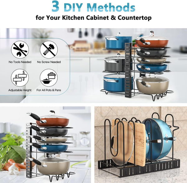 Pots and Pans Organizer, 8 Tier with 3 DIY Methods, Adjustable Rack for Cabinet, Kitchen Organization, Storage and for Pot Lid