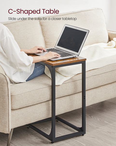 Set of 2 C-Shaped Side Table, Bedside Table, Sofa Side Table, Coffee Table, with Metal Frame, Industrial, for Living Room, Bedroom, Rustic Brown and Black