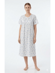 Women'S Floral Nightdress Short Sleeve Cotton Blend Nightwear Summer Nightgown Elegant Print Midi Loungewear Sleep Dress