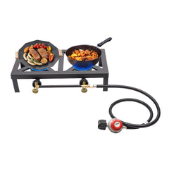 Portable Double Burner Outdoor Gas Stove Propane Cooker with Adjustable 0-10Psi Regulator Hose for Patio Camping, BBQ, Home