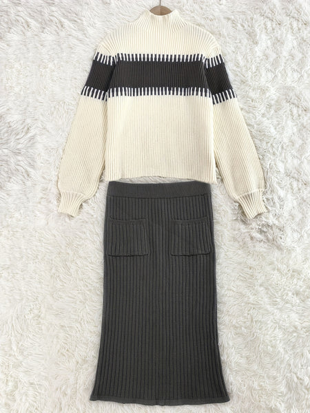 High Neck Pullover Skirt Split Two-Piece Color Block Contrast Thick Long Sleeve Sweater Set, Winter Wardrobe, Elegant Style, Color Block Design, Thick Fabric, Pullover Top, Long Sleeve Skirt, Women'S Fashion, Office Wear