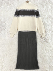 High Neck Pullover Skirt Split Two-Piece Color Block Contrast Thick Long Sleeve Sweater Set, Winter Wardrobe, Elegant Style, Color Block Design, Thick Fabric, Pullover Top, Long Sleeve Skirt, Women'S Fashion, Office Wear