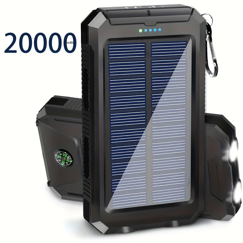 20000mAh Portable Solar Power Bank, Portable Solar Mobile Phone Charger, Camping External Battery Charger for Mobile Phones, 2 USB/ LED Flashlights with Compass for Outdoor Activities