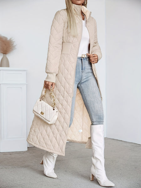 Women'S Casual Quilted Long Coat, Solid Color Long Sleeves with Pockets, Elegant Hooded Winter Warm Jacket