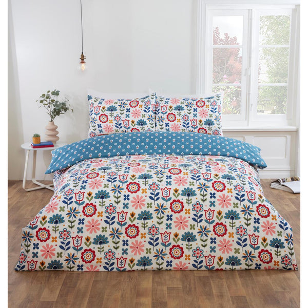 Petal Parade Floral Duvet Cover Set | Reversible Scandinavian Folk Bloom Design in Multicolour & Blue | Soft Microfibre 180 Thread Count | Includes Pillowcases – Breathable & Easy-Care Bedding – Single, Double, King Sizes | Machine Washable | Fast Dispatc