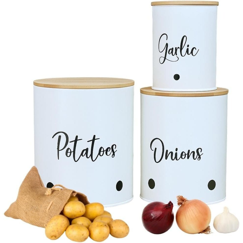 3 Pack Vegetable Storage Tins – Stackable White Round Metal Canisters for Potato, Onion & Garlic – Kitchen Pantry Organizer Jars with Bamboo Lids & Air Vents – Cylindrical Fresh Keeper Caddies