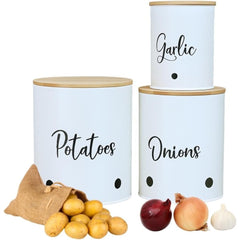 3 Pack Vegetable Storage Tins – Stackable White Round Metal Canisters for Potato, Onion & Garlic – Kitchen Pantry Organizer Jars with Bamboo Lids & Air Vents – Cylindrical Fresh Keeper Caddies