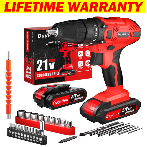 Cordless Drill Driver 21V, Electric Drill Kit with LI-ion Battery, Cordless Combi Screwdriver 25+1 Torque, 45N.m Max, 32pcs Accessory, 2 Variable Speed, LED Light for Home and Garden DIY Project 3/8