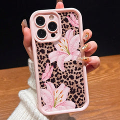 Phone Case: Cute Pink Lily and Leopard Print Design Matte Anti-drop Phone Case, Suitable for iPhone 17 Pro Max/17/Air, 16 Pro/16/15 Plus/15 Pro/14 Plus/14 Pro Max, 14/13/12/11 Pro Max/Pro/Plus Series, Anti-drop Luxury Simple Protection Shockproof