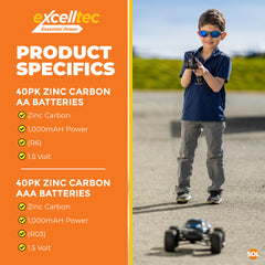 Excelltec 40pk x AA + 40pk x AAA Zinc Carbon Batteries | 1.5V Long-Lasting Household Battery Pack | Reliable Everyday Power for Toys, Remotes, Flashlights & Clocks | Bulk Home & Office Supply